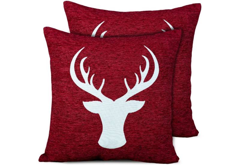 matches21 HOME & HOBBY Kissenbezüge 2er Set Kissenhüllen 45x45 cm dunkelrot mit Hirsch als Weihnachts-Deko, (2 Stück), Zierkissen-Bezüge für Sofa-Kissen, Couch-Kissen von matches21 HOME & HOBBY