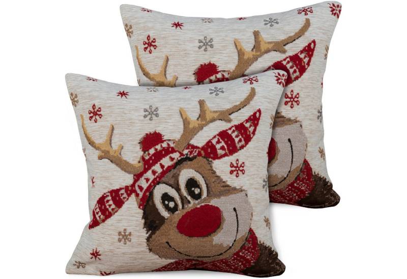 matches21 HOME & HOBBY Kissenbezüge 2er Set Kissenhüllen 45x45 cm süßes Rentier beige als Weihnachts-Deko, (2 Stück), Zierkissen-Bezüge für Sofa-Kissen, Couch-Kissen von matches21 HOME & HOBBY
