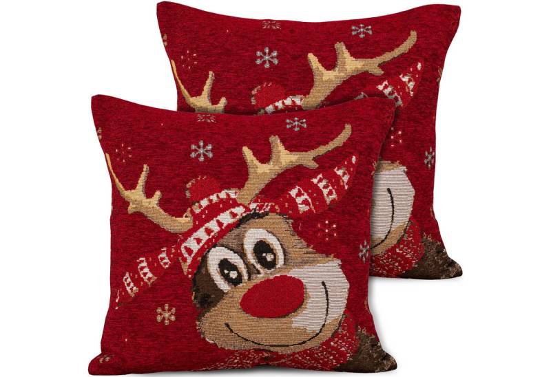 matches21 HOME & HOBBY Kissenbezüge 2er Set Kissenhüllen 45x45 cm süßes Rentier rot als Weihnachts-Deko, (2 Stück), Zierkissen-Bezüge für Sofa-Kissen, Couch-Kissen von matches21 HOME & HOBBY