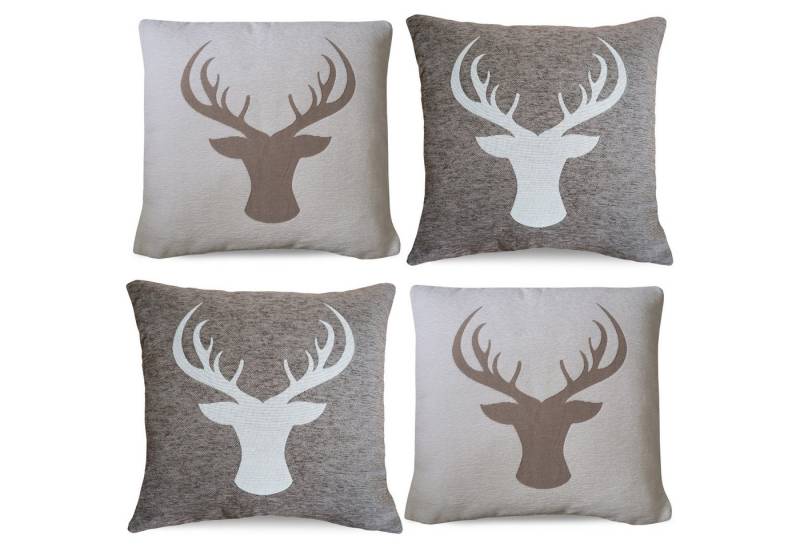 matches21 HOME & HOBBY Kissenbezüge 4er Misch-Set Kissenhüllen 45x45 cm Hirsch braun als Weihnachts-Deko, (4 Stück), Zierkissen-Bezüge für Sofa-Kissen, Couch-Kissen von matches21 HOME & HOBBY
