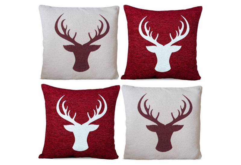 matches21 HOME & HOBBY Kissenbezüge 4er Misch-Set Kissenhüllen 45x45 cm Hirsch dunkelrot als Winter-Deko, (4 Stück), Zierkissen-Bezüge für Sofa-Kissen, Couch-Kissen von matches21 HOME & HOBBY