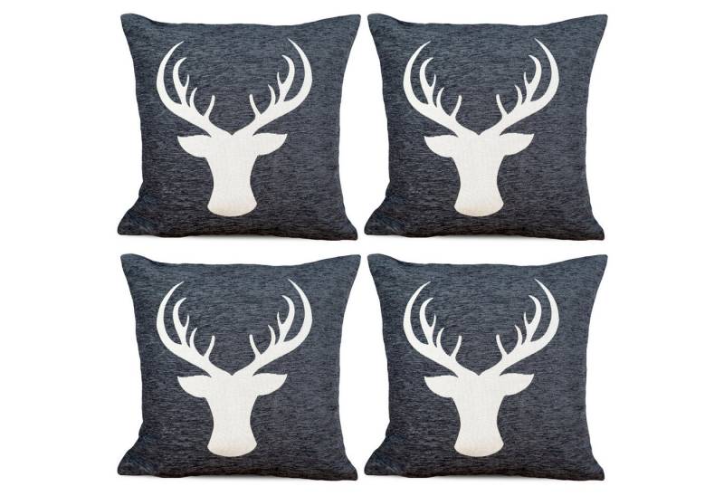 matches21 HOME & HOBBY Kissenbezüge 4er Set Kissenhüllen 45x45 cm dunkelgrau mit Hirsch als Weihnachtsdeko, (4 Stück), Zierkissen-Bezüge für Sofa-Kissen, Couch-Kissen von matches21 HOME & HOBBY