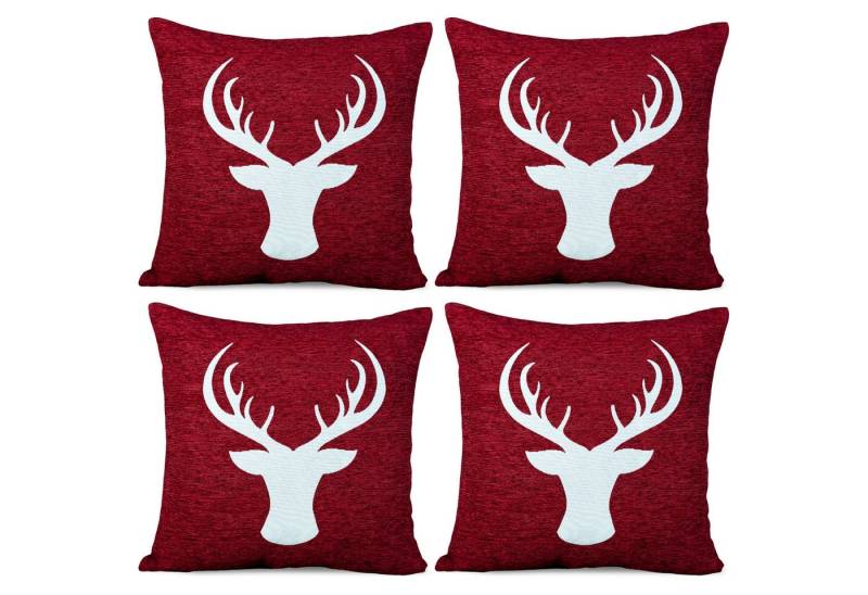 matches21 HOME & HOBBY Kissenbezüge 4er Set Kissenhüllen 45x45 cm dunkelrot mit Hirsch als Weihnachts-Deko, (4 Stück), Zierkissen-Bezüge für Sofa-Kissen, Couch-Kissen von matches21 HOME & HOBBY