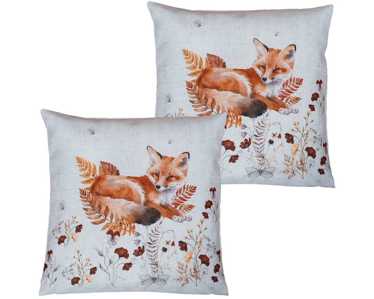 matches21 HOME & HOBBY Kissenbezüge Kissenhüllen COCO 2er Set mit Fuchs Druck aus Polyester 40x40 cm, (2 Stück), Waschbare Bezüge mit Reißverschluss für Wohn- & Schlafzimmer von matches21 HOME & HOBBY