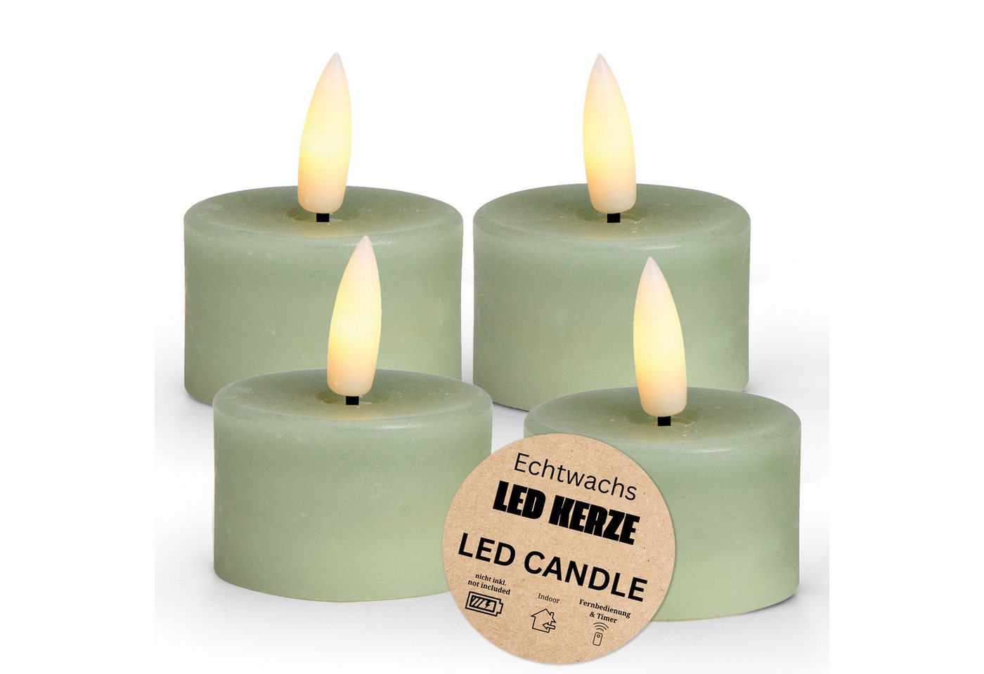 matches21 HOME & HOBBY LED-Kerze LED Teelichter 4er Set Wachs, Elektrische flackernde Kerze, Salbei (4-tlg), Praktisch mit Fernbedienung & Timerfunktion von matches21 HOME & HOBBY