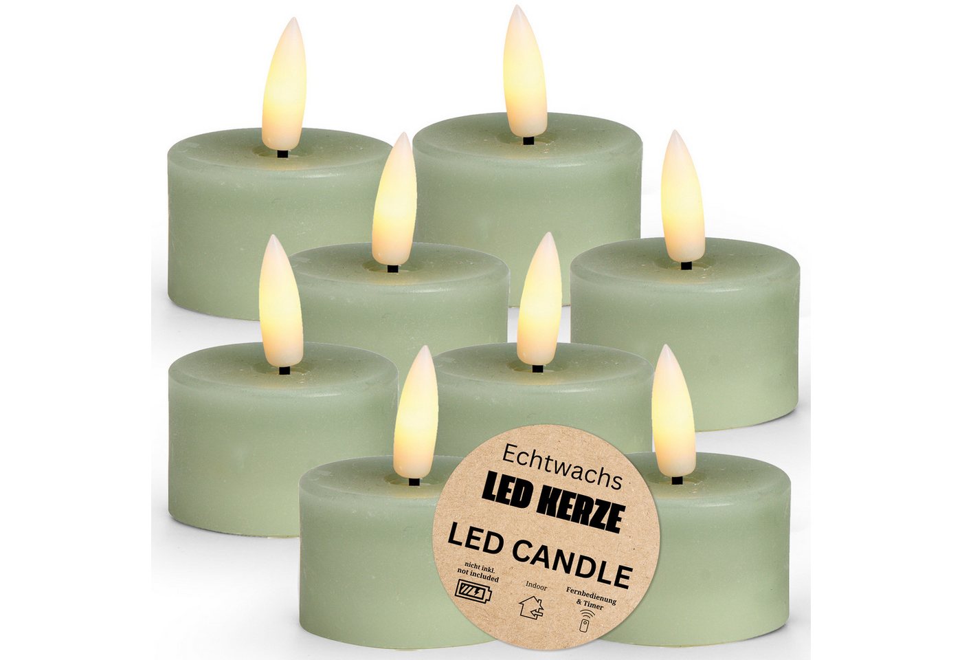 matches21 HOME & HOBBY LED-Kerze LED Teelichter 8er Set Wachs, Elektrische flackernde Kerze, Salbei (8-tlg), Echtwachskerze praktisch mit Timerfunktion von matches21 HOME & HOBBY