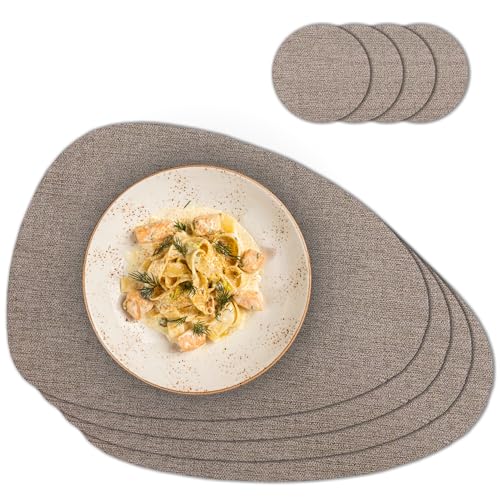 matches21 HOME & HOBBY Ovales Tischset mit Glasuntersetzer im 4er Set - Platzset für Esstisch & Küche Braun meliert - Hitzebeständige PVC Untersetzer abwaschbar von matches21 HOME & HOBBY