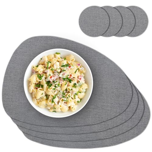matches21 HOME & HOBBY Ovales Tischset mit Glasuntersetzer im 4er Set - Platzset für Esstisch & Küche Grau meliert - Hitzebeständige PVC Untersetzer abwaschbar von matches21 HOME & HOBBY