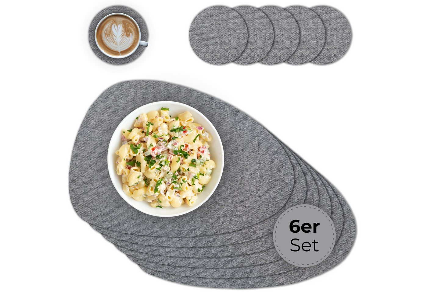 matches21 HOME & HOBBY Platzset Ovales Tischset mit Glasuntersetzer, 6er Set, in Grau meliert, (6-St), Hitzebeständige abwaschbare PVC Platzsets von matches21 HOME & HOBBY