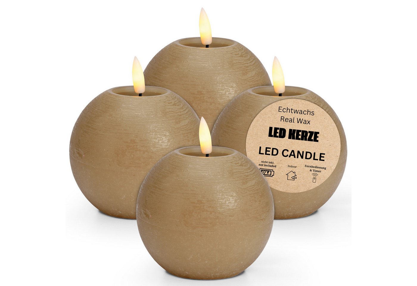 matches21 HOME & HOBBY Tafelkerze LED Kerze Kugeln 4er Set Wachs, Flackernde Flamme, Ø 7x18 cm, Beige (4-tlg), Praktisch mit Fernbedienung & Timerfunktion von matches21 HOME & HOBBY