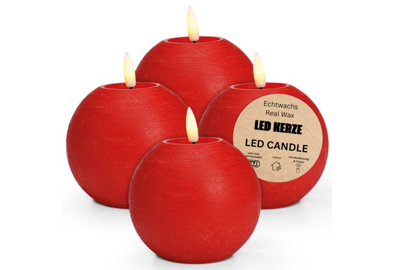 matches21 HOME & HOBBY Tafelkerze LED Kerze Kugeln 4er Set Wachs, Flackernde Flamme, Ø 7x18 cm, Rot (4-tlg), Praktisch mit Fernbedienung & Timerfunktion von matches21 HOME & HOBBY