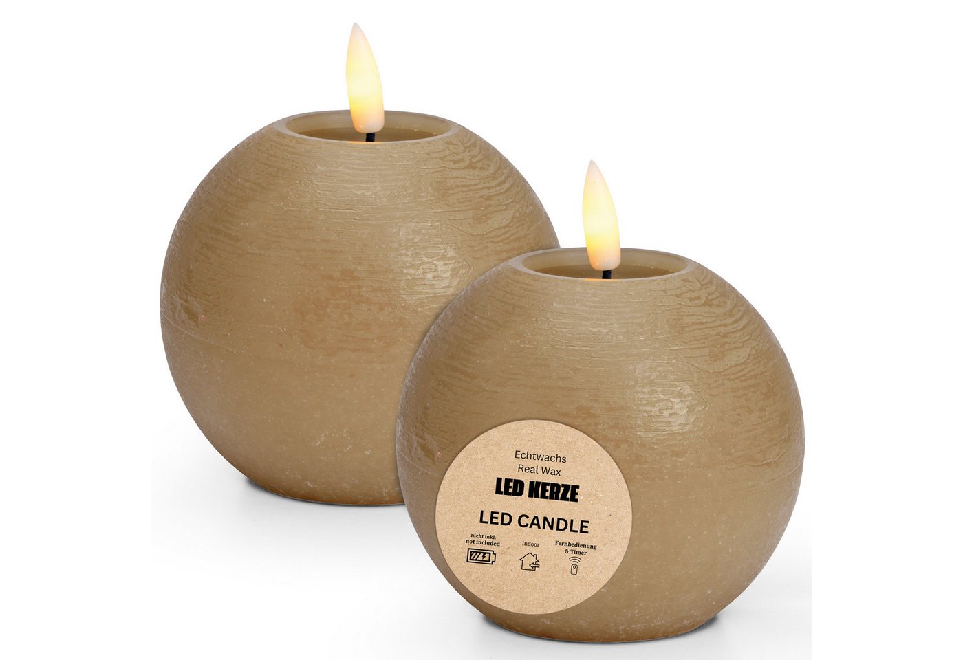 matches21 HOME & HOBBY Tafelkerze LED Kerze Kugeln Set Wachs, Flackernde Flamme, Ø 7x18 cm, Beige (2-tlg), Praktisch mit Fernbedienung & Timerfunktion von matches21 HOME & HOBBY