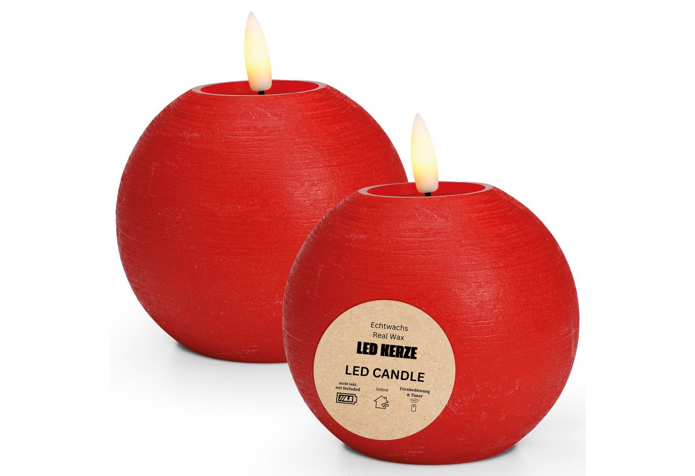 matches21 HOME & HOBBY Tafelkerze LED Kerze Kugeln Set Wachs, Flackernde Flamme, Ø 7x18 cm, Rot (2-tlg), Praktisch mit Fernbedienung & Timerfunktion von matches21 HOME & HOBBY