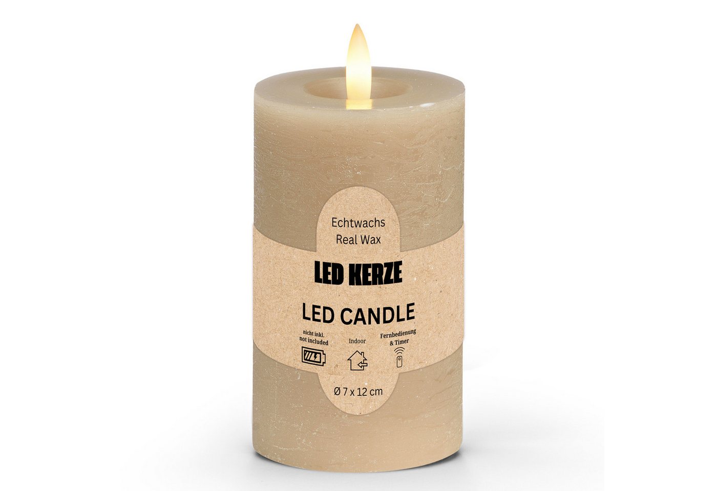 matches21 HOME & HOBBY Tafelkerze LED Stumpenkerze Wachs, Flackernde Flamme, Ø 7x12 cm, Beige (1-tlg), Praktisch mit Fernbedienung & Timerfunktion von matches21 HOME & HOBBY