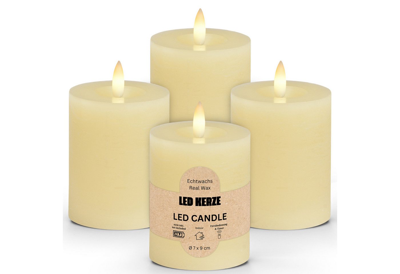 matches21 HOME & HOBBY Tafelkerze LED Stumpenkerzen 4er Set Wachs, Flackernde Flamme, Ø 7x9 cm, Creme (4-tlg), Praktisch mit Fernbedienung & Timerfunktion von matches21 HOME & HOBBY