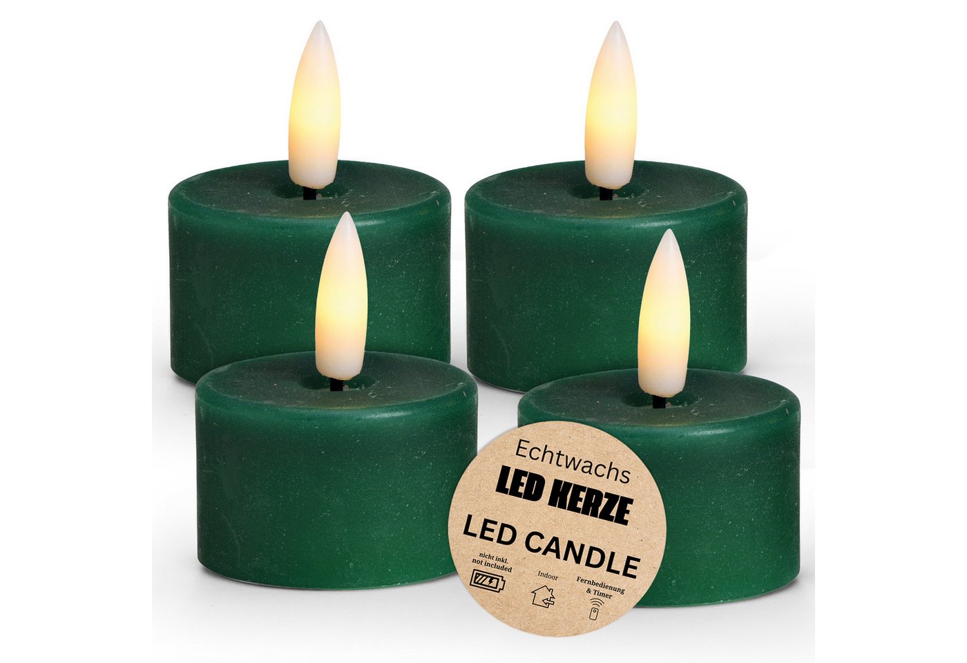 matches21 HOME & HOBBY Tafelkerze LED Teelichter 4er Set Wachs, Elektrische flackernde Kerze, Grün (4-tlg), Echtwachskerze praktisch mit Timerfunktion von matches21 HOME & HOBBY