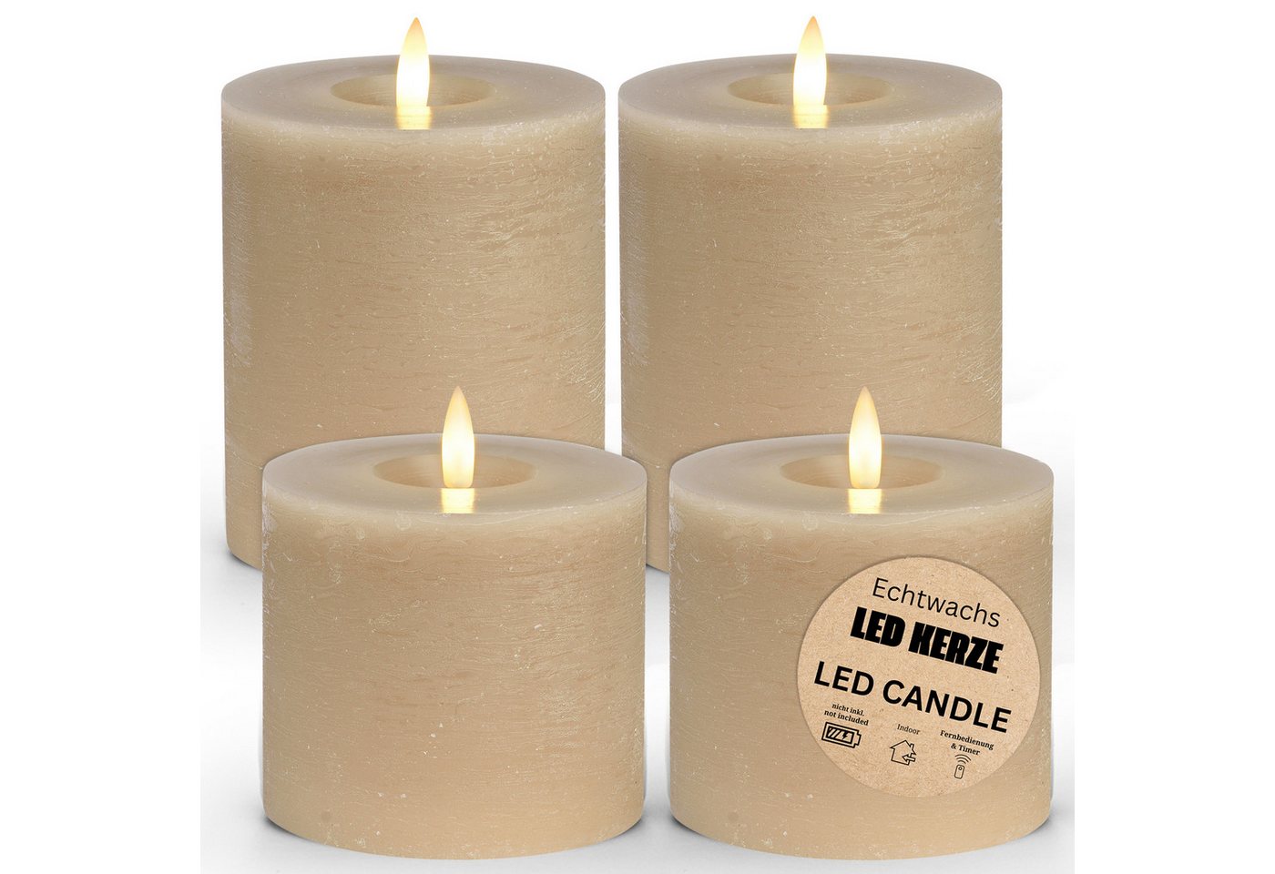 matches21 HOME & HOBBY Tafelkerze LED Stumpenkerzen 4er Wachs, Flackernde Flamme, Ø 10 cm, Beige (4-tlg), Praktisch mit Fernbedienung & Timerfunktion von matches21 HOME & HOBBY