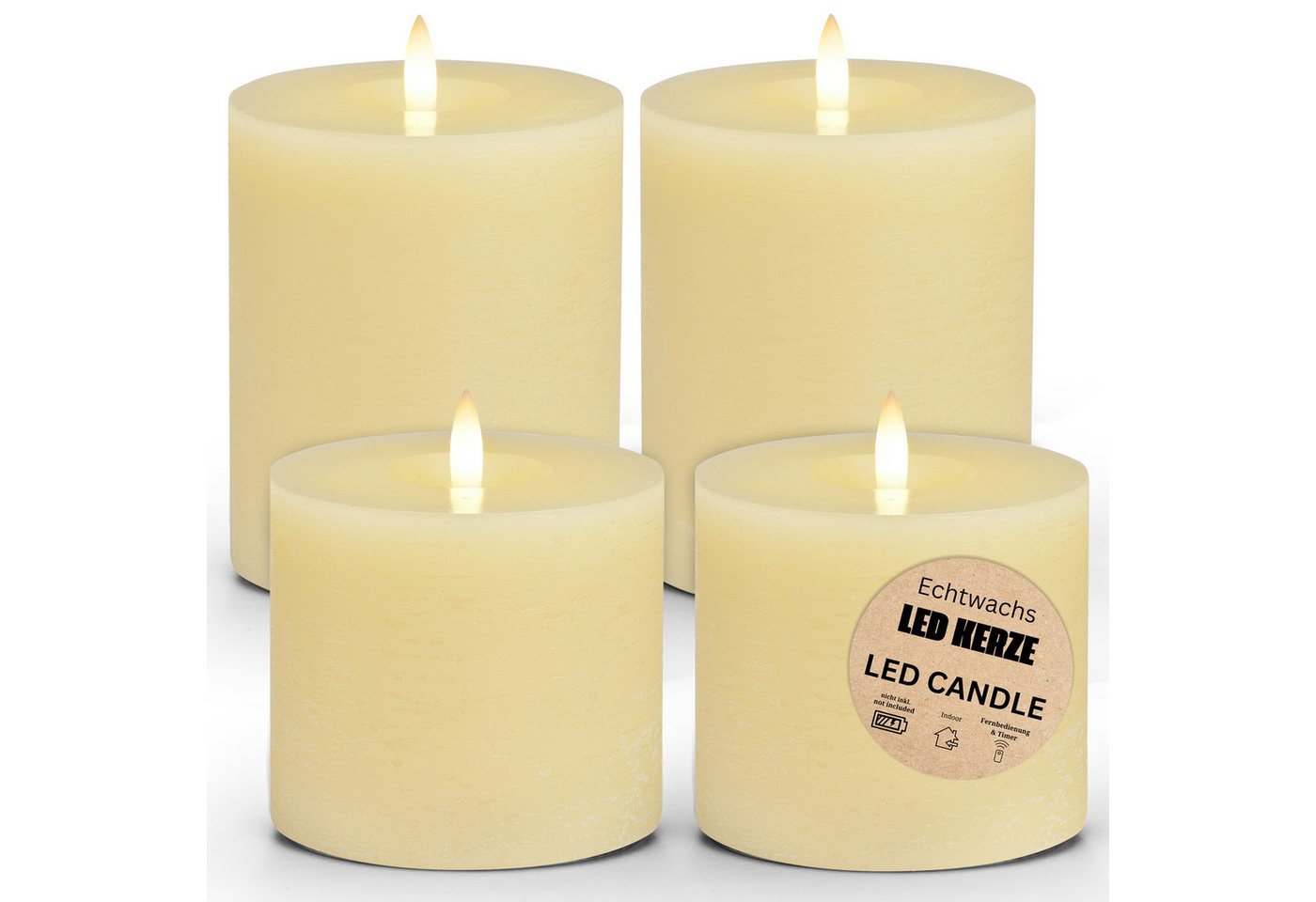 matches21 HOME & HOBBY Tafelkerze LED Stumpenkerzen 4er Wachs, Flackernde Flamme, Ø 10 cm, Cremeweiß (4-tlg), Praktisch mit Fernbedienung & Timerfunktion von matches21 HOME & HOBBY