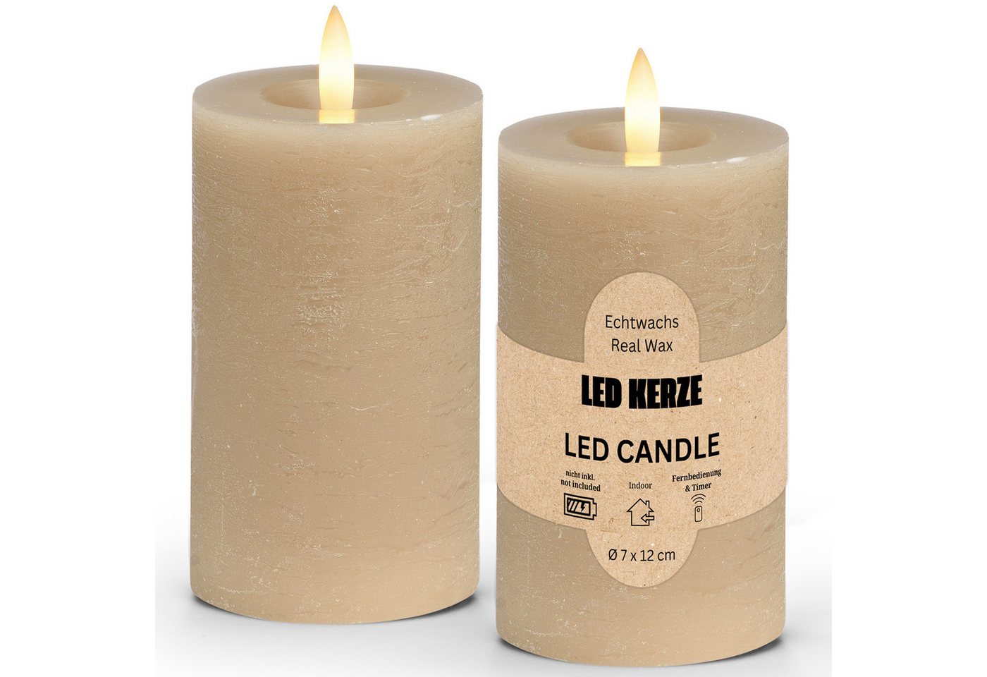 matches21 HOME & HOBBY Tafelkerze LED Stumpenkerzen Set Wachs, Flackernde Flamme, Ø 7x12 cm, Beige (2-tlg), Praktisch mit Fernbedienung & Timerfunktion von matches21 HOME & HOBBY