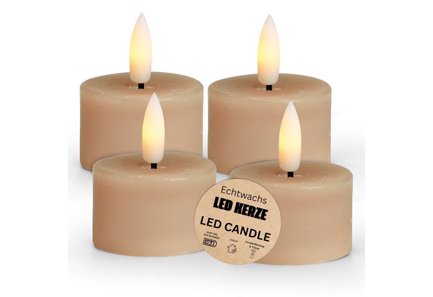 matches21 HOME & HOBBY Tafelkerze LED Teelichter 4er Set Wachs, Flamme flackernd, Ø 4x4 cm, Beige (4-tlg), Echtwachskerze praktisch mit Timerfunktion von matches21 HOME & HOBBY