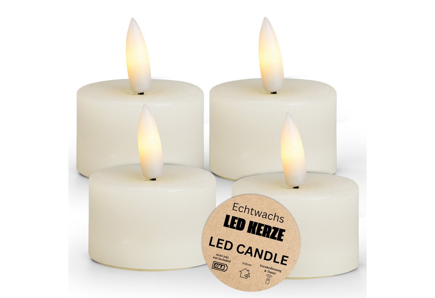 matches21 HOME & HOBBY Tafelkerze LED Teelichter 4er Set Wachs, Flamme flackernd, Ø 4x4 cm, Weiß (4-tlg), Echtwachskerze praktisch mit Timerfunktion von matches21 HOME & HOBBY