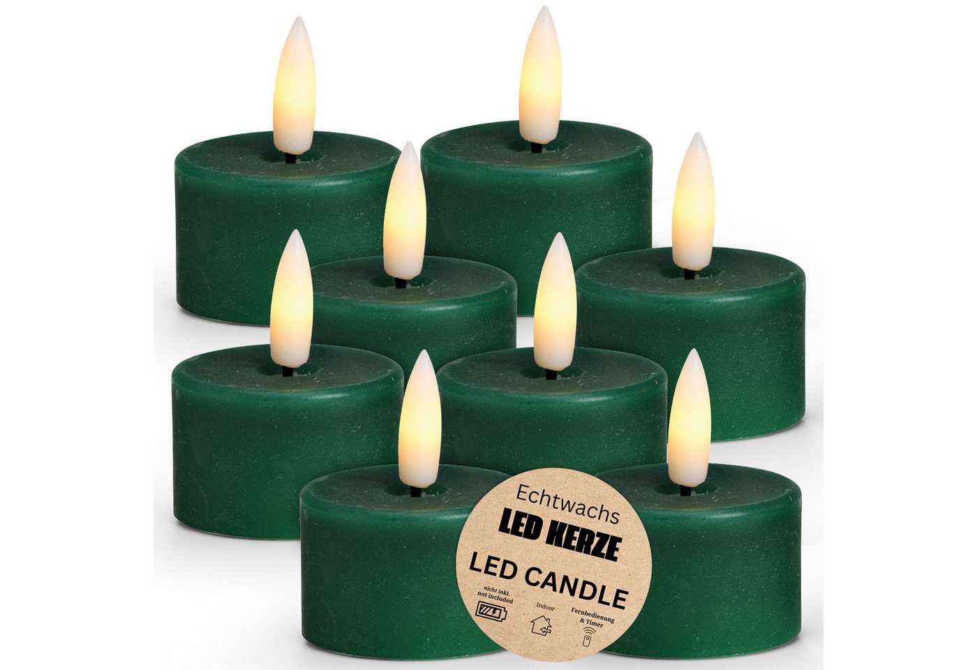 matches21 HOME & HOBBY Tafelkerze LED Teelichter 8er Set Wachs, Elektrische flackernde Kerze, Grün (8-tlg), Echtwachskerze praktisch mit Timerfunktion von matches21 HOME & HOBBY