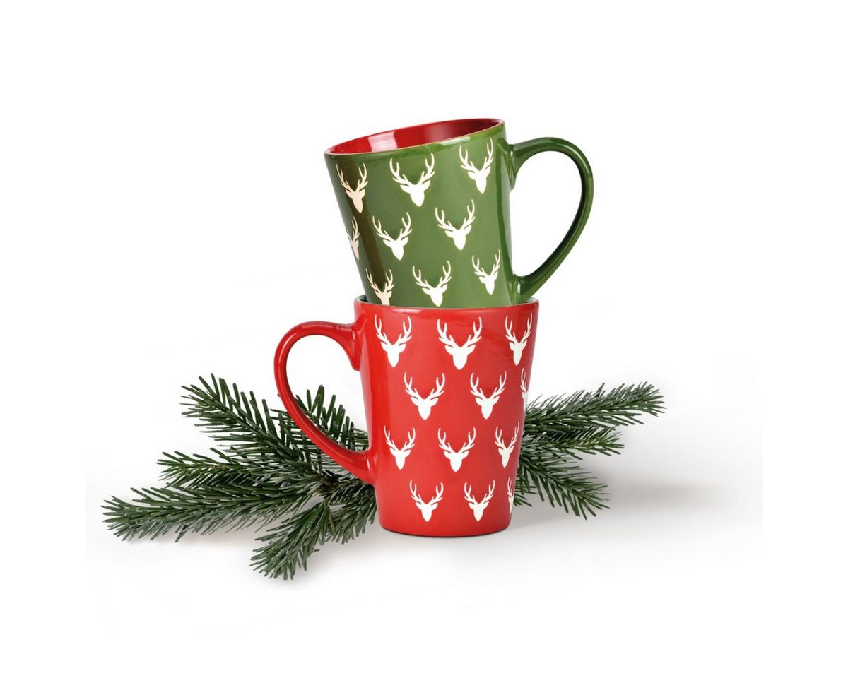 matches21 HOME & HOBBY Tasse Weihnachtstassen 6er Set amerikanisch einfarbig Hirsch, Keramik, Tee Kaffee-Becher, Weihnachten, modern Vintage, rot grün, 360 ml von matches21 HOME & HOBBY