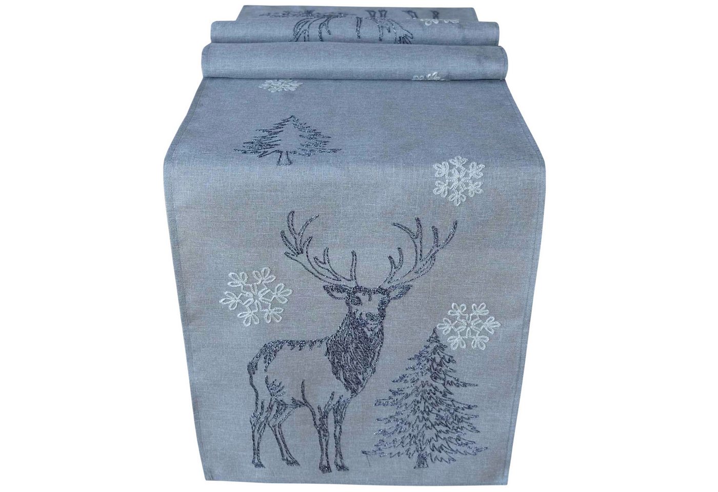 matches21 HOME & HOBBY Tischdecke 40x175 cm Tischläufer grau mit Hirsch-Deko und Tannenbaum Stickerei (1-tlg), Ideal für Advent und Weihnachtsdeko von matches21 HOME & HOBBY