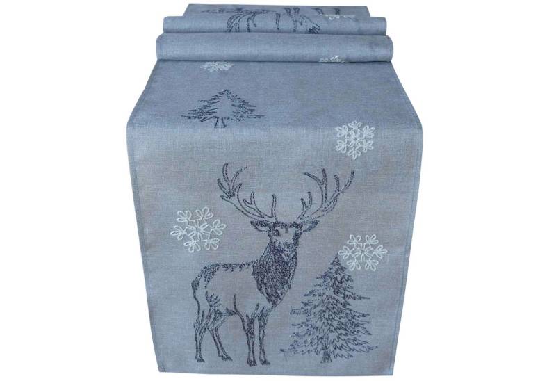 matches21 HOME & HOBBY Tischdecke 40x175 cm Tischläufer grau mit Hirsch-Deko und Tannenbaum Stickerei (1-tlg), Ideal für Advent und Weihnachtsdeko von matches21 HOME & HOBBY