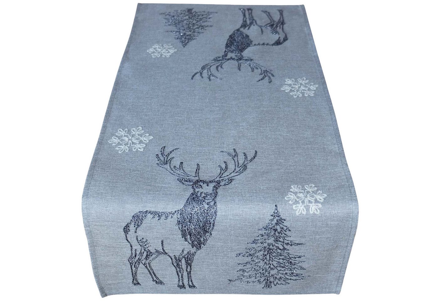 matches21 HOME & HOBBY Tischdecke 40x85 cm Tischläufer grau mit Hirsch-Deko und Tannenbaum Stickerei (1-tlg), Ideal für Advent und Weihnachtsdeko von matches21 HOME & HOBBY