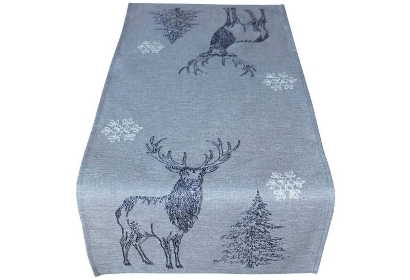 matches21 HOME & HOBBY Tischdecke 40x85 cm Tischläufer grau mit Hirsch-Deko und Tannenbaum Stickerei (1-tlg), Ideal für Advent und Weihnachtsdeko von matches21 HOME & HOBBY