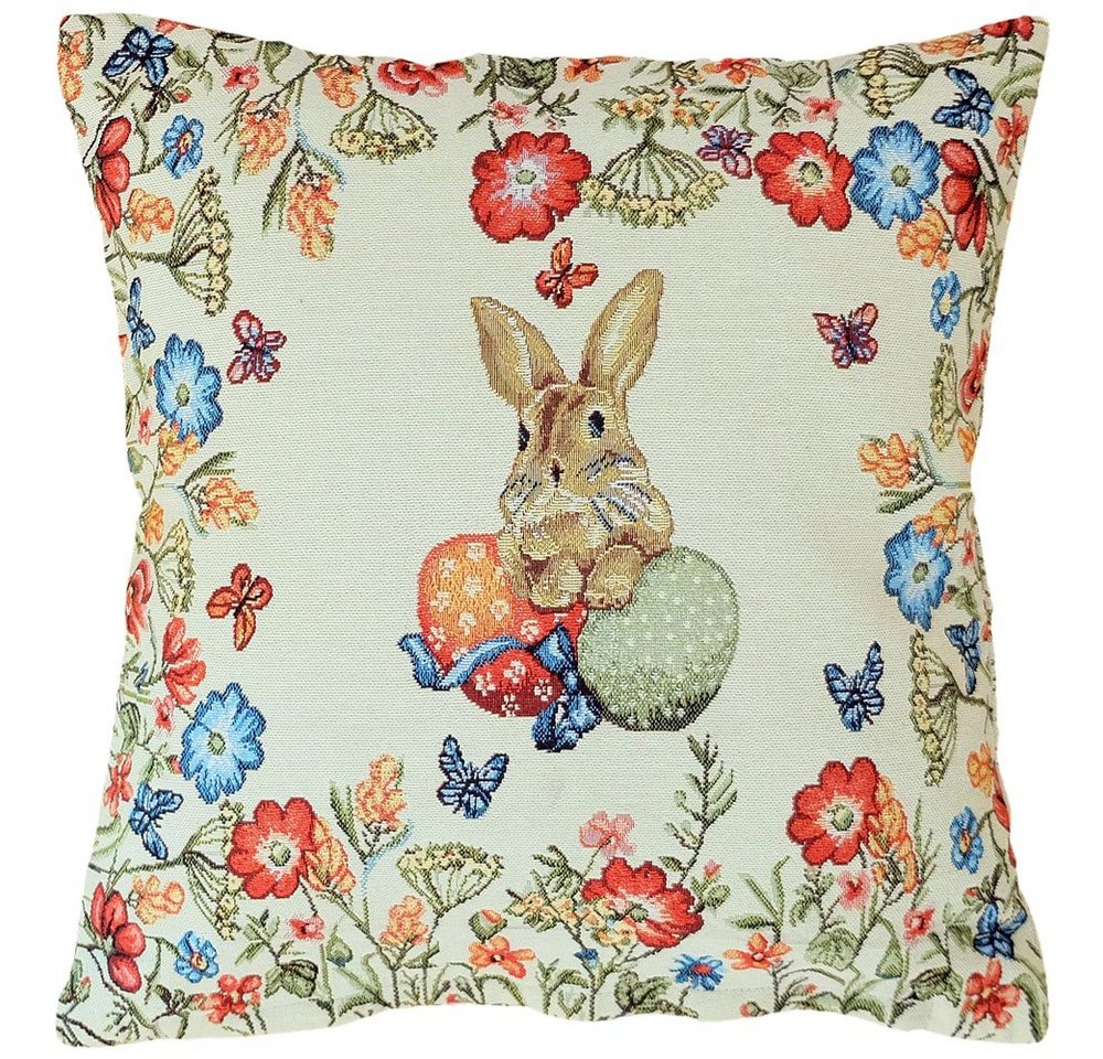 matches21 HOME & HOBBY Kissenbezüge Kissen-Bezug Gobelin Osterhasen Blumen gewebt beige 1 Stk 40x40 cm, (1 Stück), Wohnzimmer Kissen-Hülle als Deko-Kissen Zier-Kissen Sofa-Kissen von matches21 HOME & HOBBY