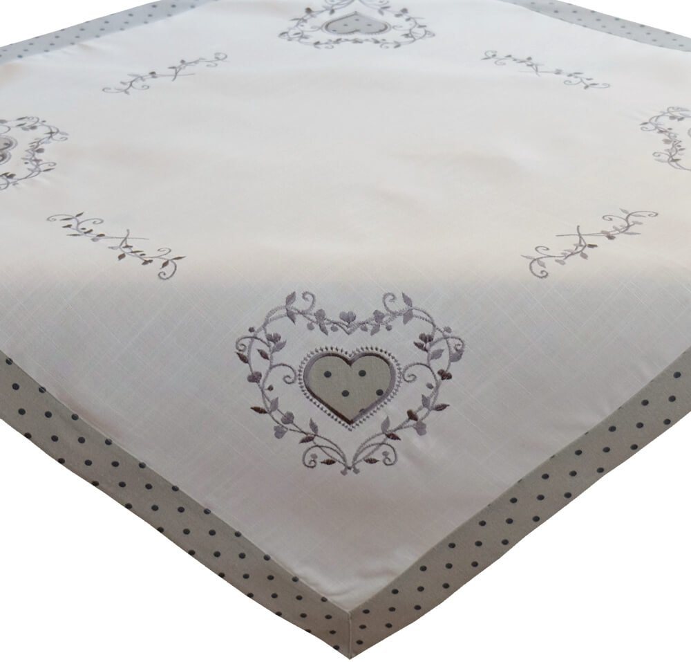matches21 HOME & HOBBY Tischdecke Tischdecke ELINA Herzstickerei cremeweiß grau Polyester 85 x 85 cm (1-tlg), Pflegeleicht & waschbar bei 30 °C von matches21 HOME & HOBBY