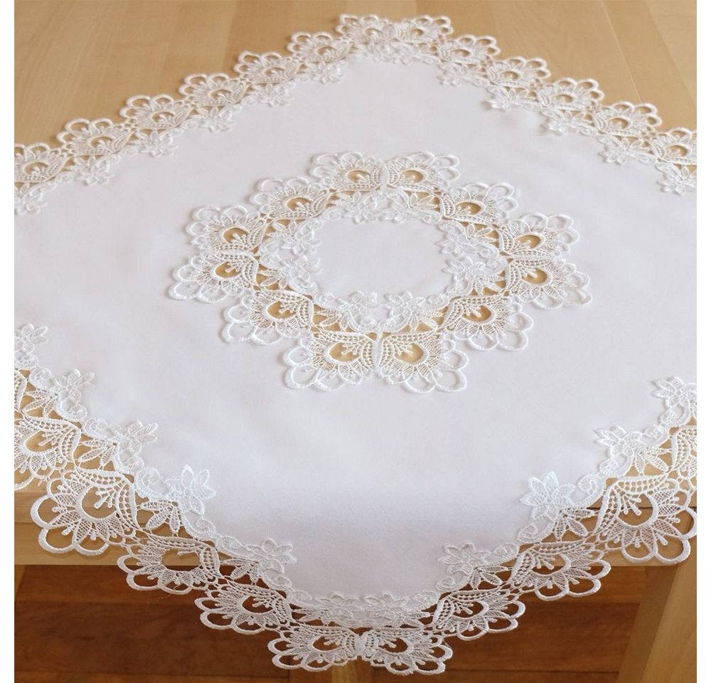 matches21 HOME & HOBBY Tischdecke Tischdecke INES Spitzenbordüre Vintage weiß Polyester 85 x 85 cm (1-tlg), Pflegeleicht & waschbar bei 30 °C von matches21 HOME & HOBBY