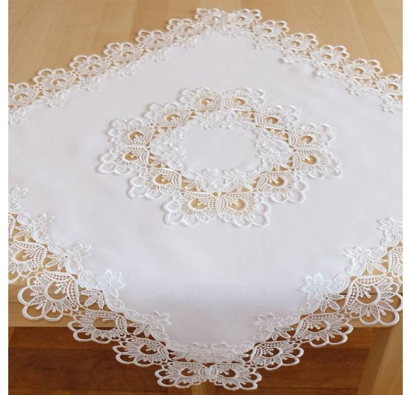 matches21 HOME & HOBBY Tischdecke Tischdecke INES Spitzenbordüre Vintage weiß Polyester 85 x 85 cm (1-tlg), Pflegeleicht & waschbar bei 30 °C von matches21 HOME & HOBBY