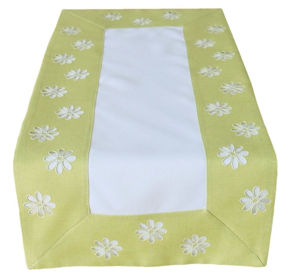 matches21 HOME & HOBBY Tischdecke Tischdecke weiß Blüten Lochstickerei grün 40x90 cm (1-tlg) von matches21 HOME & HOBBY