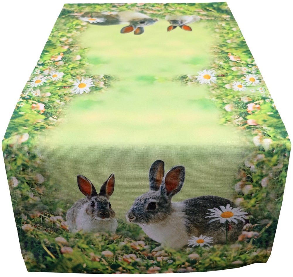 matches21 HOME & HOBBY Tischdecke Tischläufer süße Hasen & Wiese Ostern Fotodruck bunt 90x40 cm (1-tlg) von matches21 HOME & HOBBY