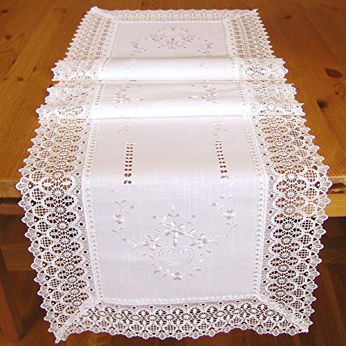 matches21 HOME & HOBBY Tischläufer CORA 40 x 140 cm weiß mit Stickerei & Spitze Landhausstil Mitteldecke Vintage Polyester von matches21 HOME & HOBBY
