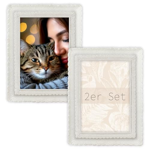 matches21 HOME & HOBBY Vintage Bilderrahmen Set 13 x 18 cm aus Harz - Rechteckige Fotorahmen, Weiß mit 3D Spitzenmuster zum hinstellen von matches21 HOME & HOBBY