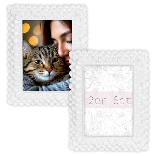 matches21 HOME & HOBBY Vintage Bilderrahmen Set 15 x 20 cm aus Harz - Rechteckige Fotorahmen, Weiß mit 3D Blütendesign zum hinstellen von matches21 HOME & HOBBY