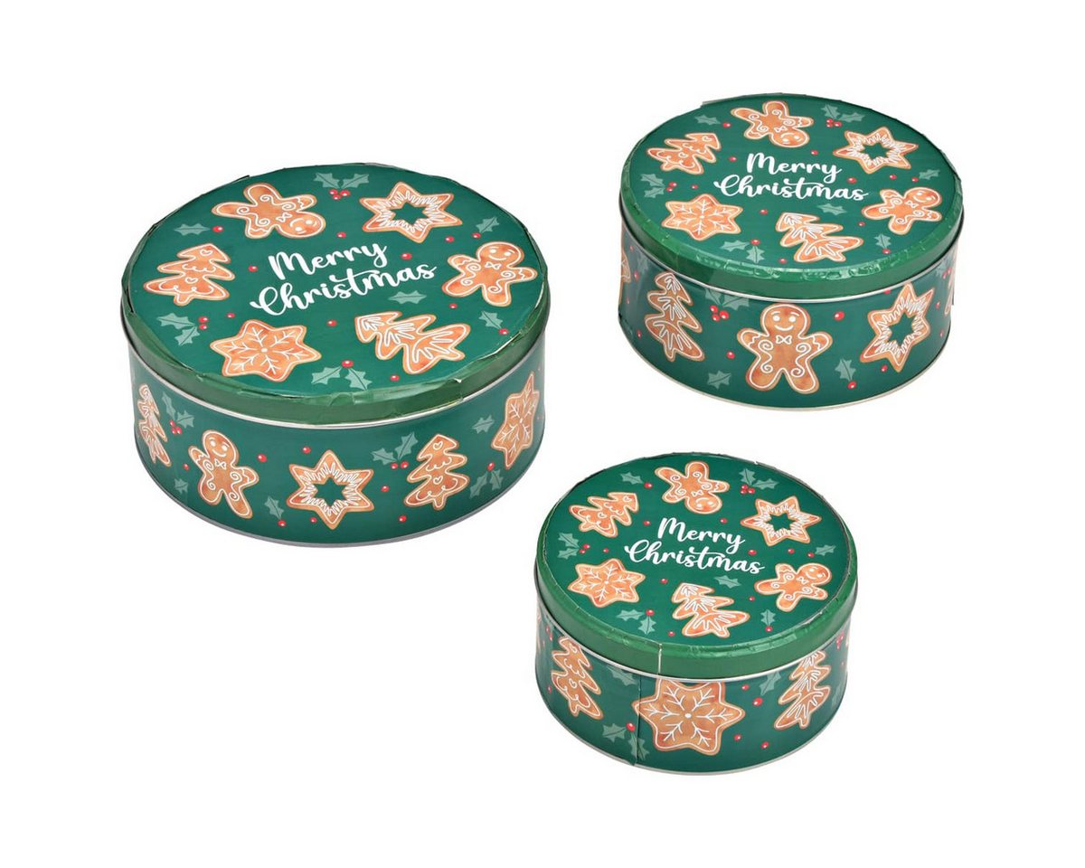 matches21 HOME & HOBBY Vorratsdose Große Metall Plätzchendosen Merry Christmas Spruch grün im 3er Set, Metall, (3-tlg), Runde Weihnachten Blech Vorratsdosen als Keks-Dosen in 19, 17, 14 cm von matches21 HOME & HOBBY
