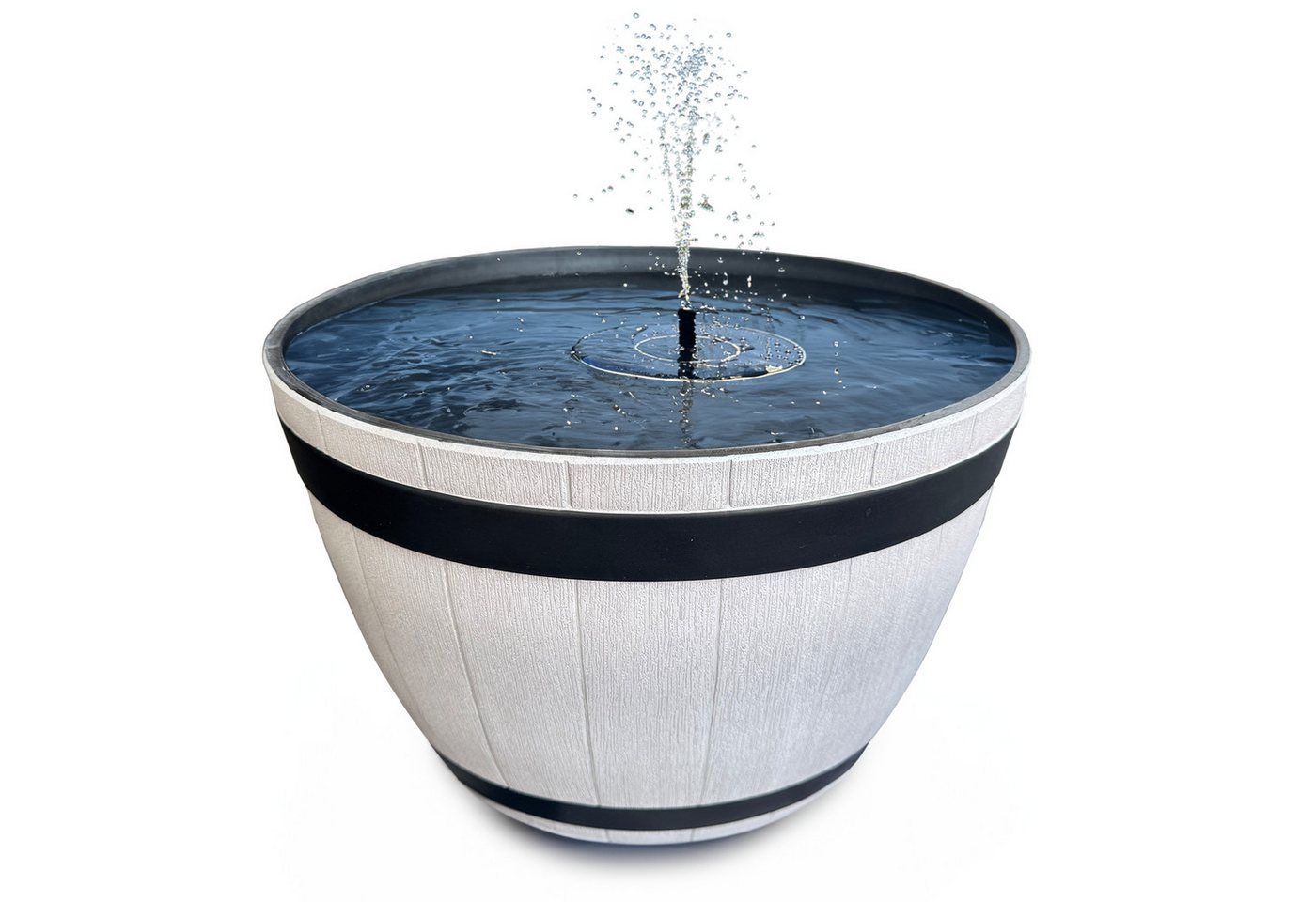 matches21 HOME & HOBBY Wasserspiel Großes 51 x 36 cm Outdoor Solar-Brunnen Set Holzfass-Optik, (2 tlg), Große Schale in grau mit Solarfontäne als Garten-Brunnen von matches21 HOME & HOBBY