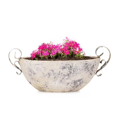 Moderne Vintage Pflanzschale für draußen - Ovale 28,5 cm Schiff Deko-Schale in Shabby Antik beige - Keramik Jardiniere als Blumen-Topf Pflanztopf für Garten, Balkon oder Friedhof Grab-Schmuck von matches21 HOME & HOBBY