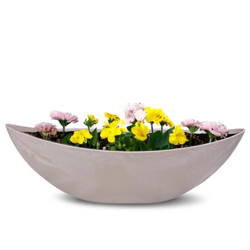 matches21 HOME & HOBBY Ovale Pflanzschale für draußen - große Schiff Deko-Schale in Sand grau marmoriert als Blumen-Topf Pflanztopf - 55 cm Jardiniere für Garten Balkon oder Friedhof als Grab-Schmuck von matches21 HOME & HOBBY