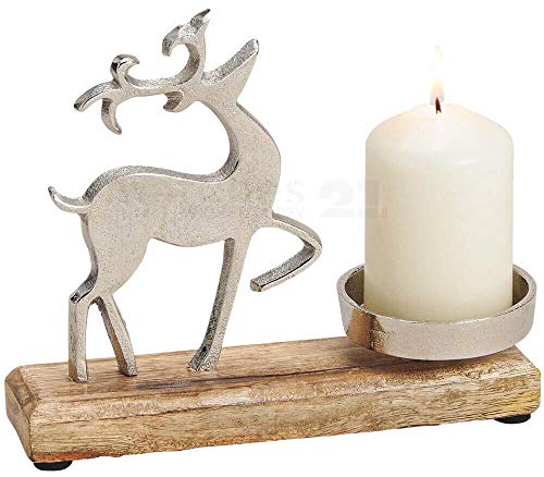 matches21 Kerzenhalter mit Rentier aus Metall & Holz Weihnachten Dekoration Skulptur Silber/braun 1 STK 20x16x5 cm von matches21 HOME & HOBBY