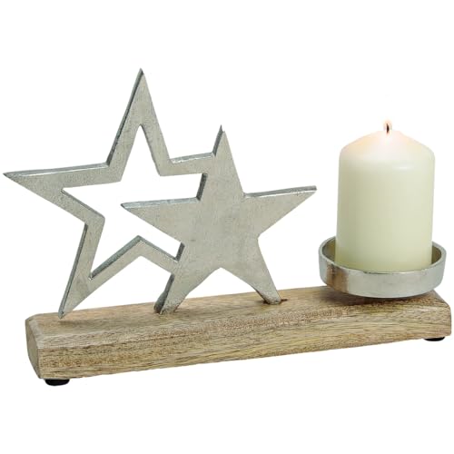 matches21 Kerzenhalter mit Sternen aus Metall & Holz Weihnachten Dekoration Skulptur Silber/braun 1 STK 25x16x5 cm von matches21 HOME & HOBBY