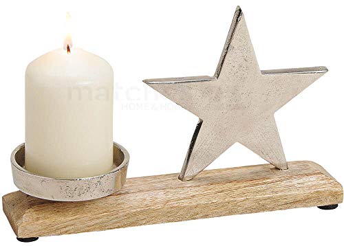 matches21 Kerzenständer mit Stern aus Metall & Holz Weihnachten Dekoration Skulptur Silber/braun 1 STK 23x16x5 cm von matches21 HOME & HOBBY