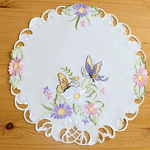 matches21 Mitteldecke Tischdecke Schmetterlinge Blumen & Zierkante filigraner Stick beige bunt Ø 40 cm rund Polyester von matches21 HOME & HOBBY