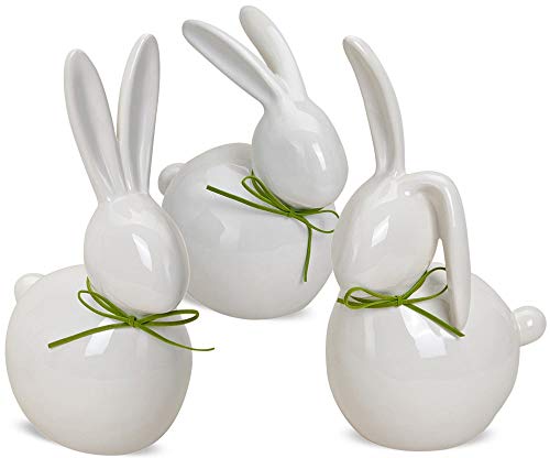 matches21 Moderner Hase Deko-Figur Oster-Dekoration Osterhase weiß grüne Schleife 1 STK. 3-Fach sort. Keramik je 17-25 cm von matches21 HOME & HOBBY