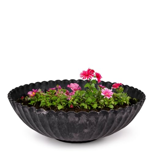 matches21 Pflanzschale für draußen - 22 cm Dekoschale schwarz geriffelt als Blumentopf Pflanztopf - runde Blumen-Schale für Garten, Balkon oder Friedhof als Grabschale von matches21 HOME & HOBBY